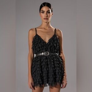 AKIRA CRAZY FOR YOU BELTED TIERED TULLE MINI DRESS IN BLK NWT LARGE